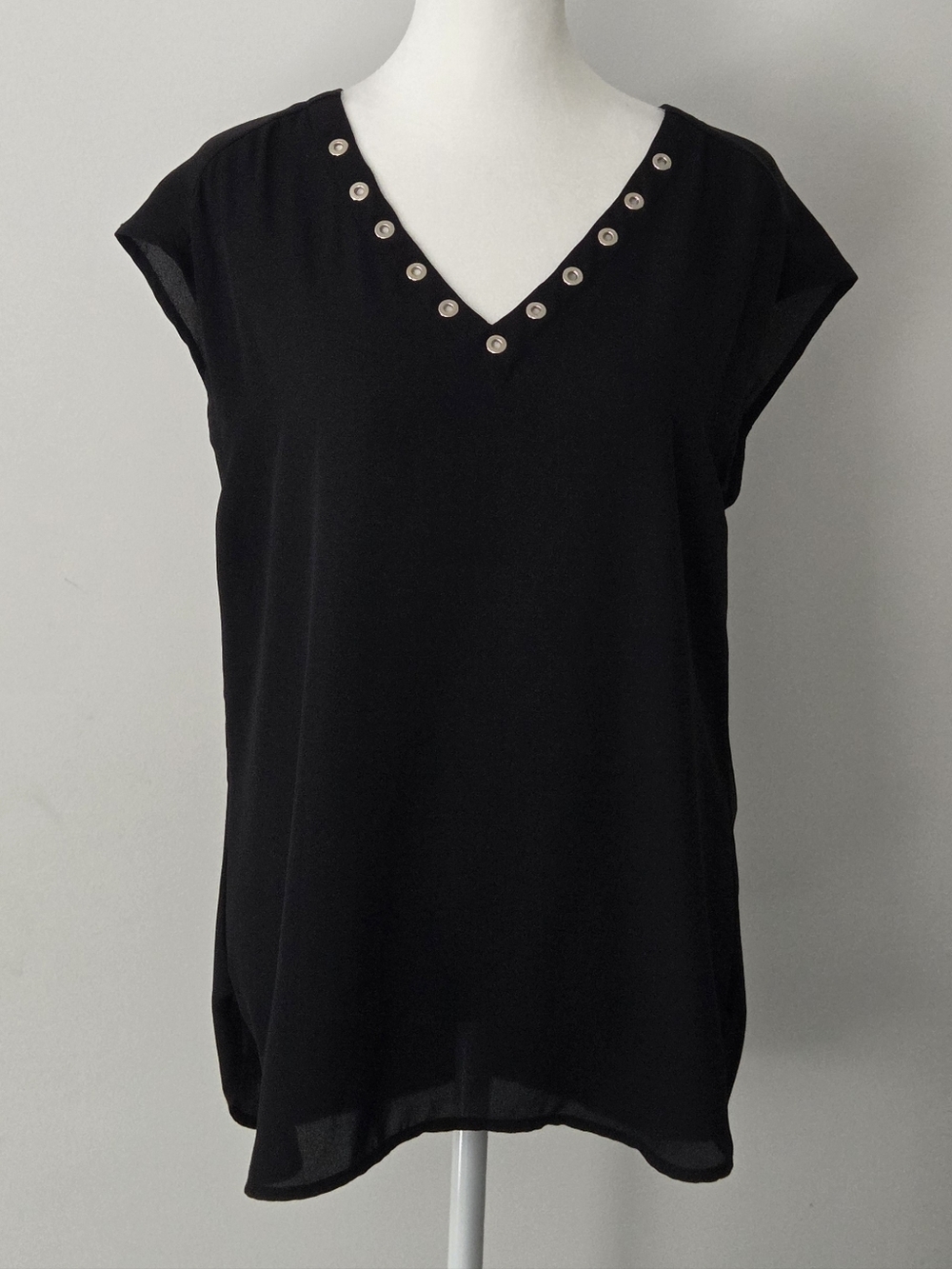 Black V-Neck Cap Sleeve Top with Stud Detail - Women